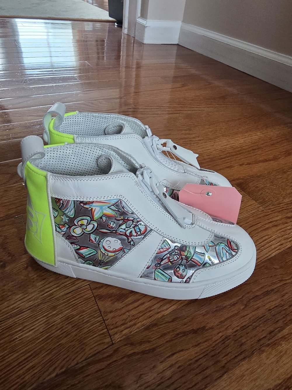 Kids Red Sole White Sneakers with Neon Yellow Accent and Colorful Graphic Panels